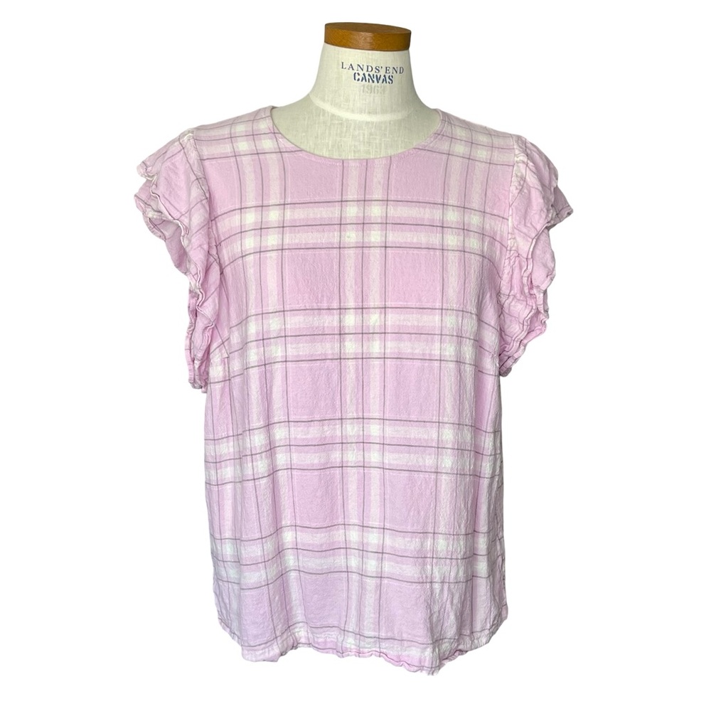 A New Day Pink Plaid Ruffle Sleeve Linen Blend Top SzXXL Lightweight Spring